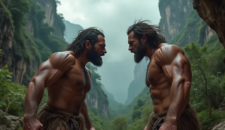   A scene of conflict between prehistoric cave-time men over territory or resources, with threatening gestures and palpable tension . Natural scenery in the background .  ultra realistic image, 4K, cinematic. 