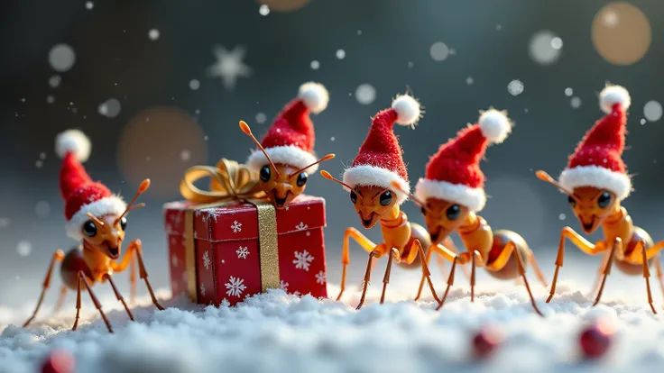  ants wearing Christmas hats ， There are many types of ants， realistic style ，Snow，Gift Box，candy，“Merry Christmas” 