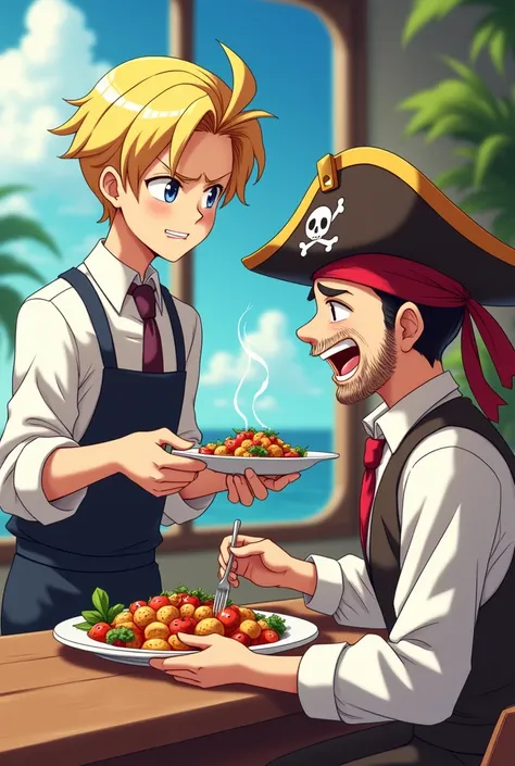 A blond-haired anime chef wearing a suit and apron, presenting a fancy dish on a plate. In front of him, a cheerful pirate captain with a straw hat is eating the dish directly with his hands, ignoring the cutlery. The chef looks frustrated while the pirate...