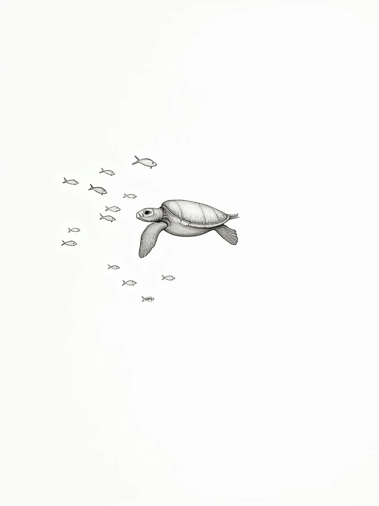 line drawing art, white background,no color,  no shading, Sea turtle swimming in crystal clear waters with fish around it.