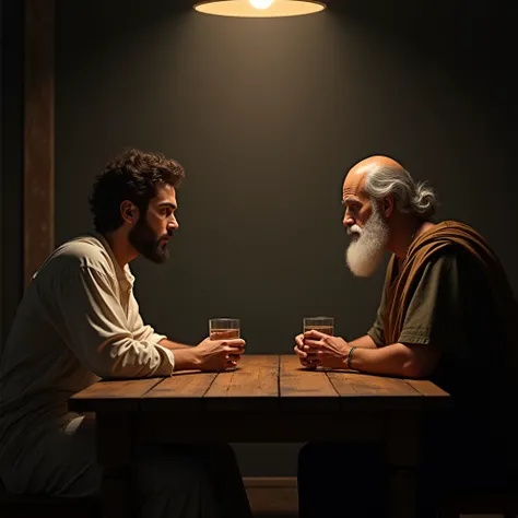 L’image montre Platon et Socrate assis face à face de chaque côté d’une table carrée en bois massif, dans une pièce plongée dans la nuit, éclairée par une lampe suspendue au-dessus d’eux, créant une ambiance intime et studieuse. La table en bois sombre, ma...