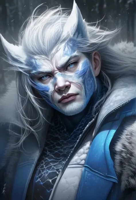 Fusion between Sub-Zero and an albino wolf,  realistic drawing