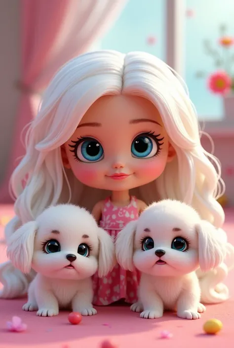 CARTOON TYPE IMAGE Barbie with white hair and blue eyes two adorable shih tzu puppies adult barbie 3D pixar style