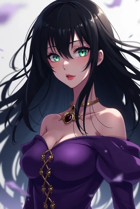 Screenshot of tokyo revengers.  Make a girl with black hair.You have light green eyes and they shine a lot and youre serious ,  His red lips . Shes wearing a purple queen dress like in Tokyo Revengers