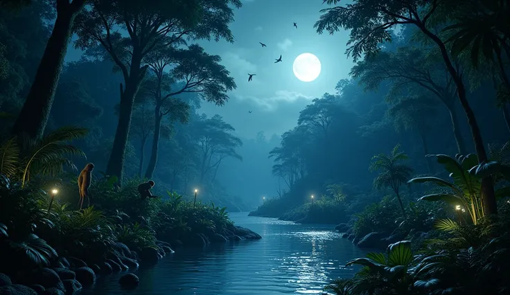 An unspoiled corner of the Amazon jungle , with tall trees, crystalline rivers and Amazonian animals in harmony at night