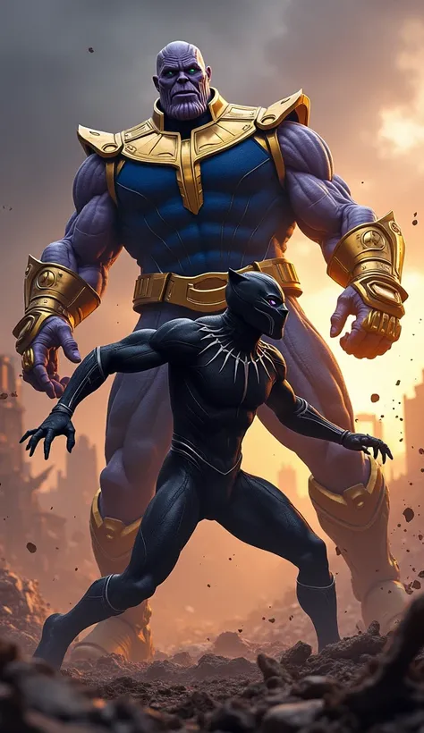 Thanos with the Infinity Gauntlet and the Black Panther hero fighting