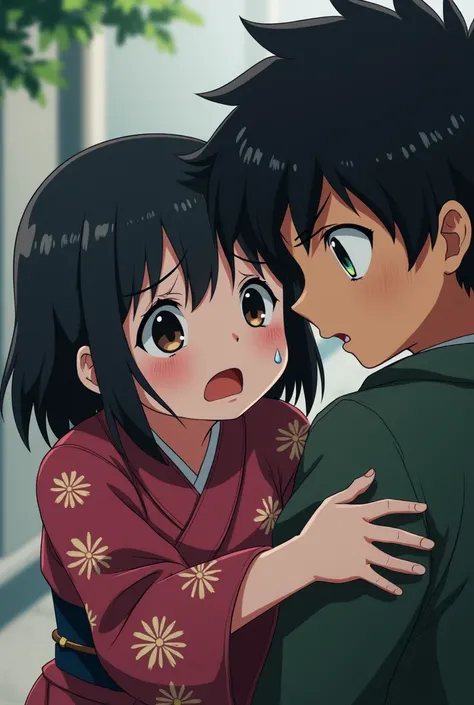 Boy pulls away and pulls away ,  apparently determined to leave ,  while a girl with yukata ,  clearly distressed , try to stop him .  She is desperate ,  sad and worried about her departure ,  and their eyes reflect the pain of the situation.  tightly as ...