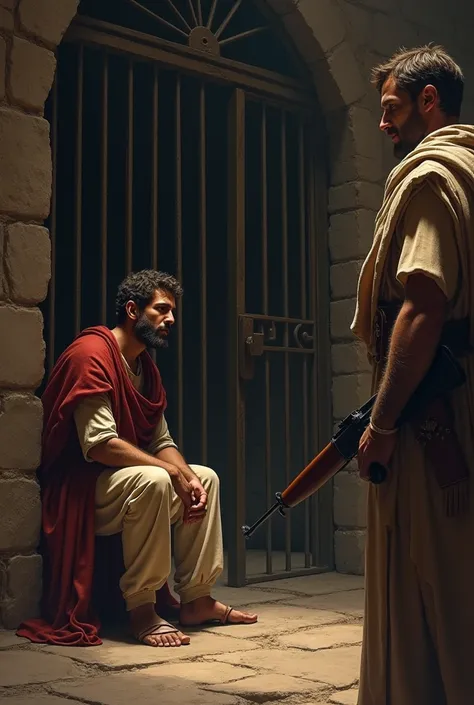 Young Joseph was arrested   ,   Joseph is inside a prison with the prison cages closed ,  Joseph 
Is sitting inside the prison looking sad ,  has a guard outside the prison grid dressed as a guard in the ancient era,   the prison portrays the ancient Bible...