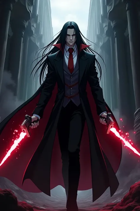 Anime,  anime style , detailed , two guns , alucard hellsing , anime hellsing , darkness , long hair 