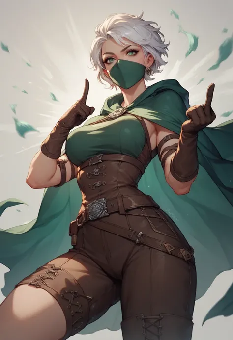 The Rogue: A female figure with short, angular white hair partially hidden under a deep green hooded cloak. She is dressed in a dark blue, form-fitting tunic that extends just below the hips, cinched at the waist with a wide brown belt featuring a silver r...