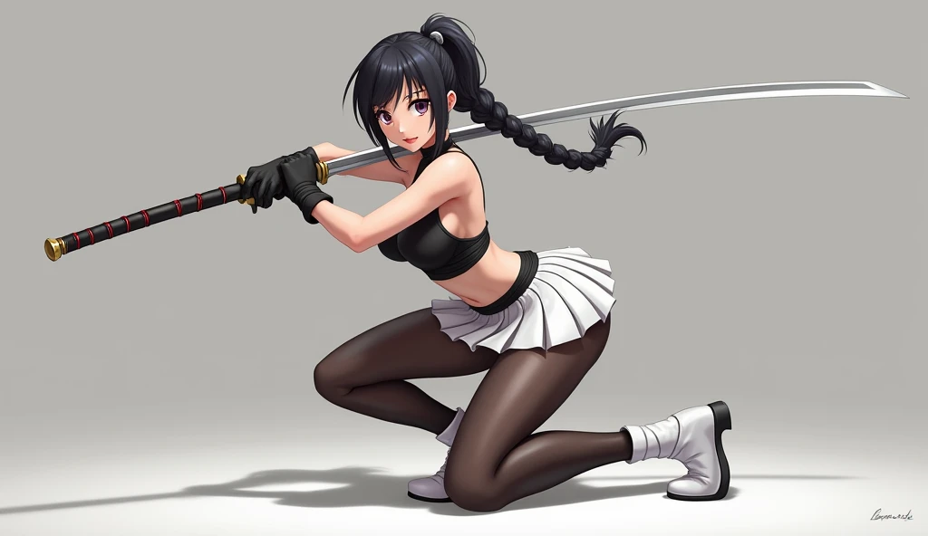 masterpiece, Best Quality, super rendering, super Realistic, High Detail Face, Clean and delicate face, whole body, Crouch and swing a long sword, grip the sword anatomically correctly, Single Braided black pony tail, parted bangs, forehead, wearing a cami...