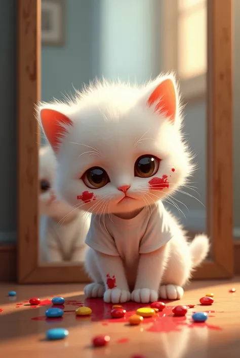 Scene 2: The Mirror Realization

The little kitten, with his snowy white fur and big, sad brown eyes, stands in front of a tall mirror. His reflection shows the colorful mess on his face and paws from the Skittles candy—red, yellow, and blue smudges that c...