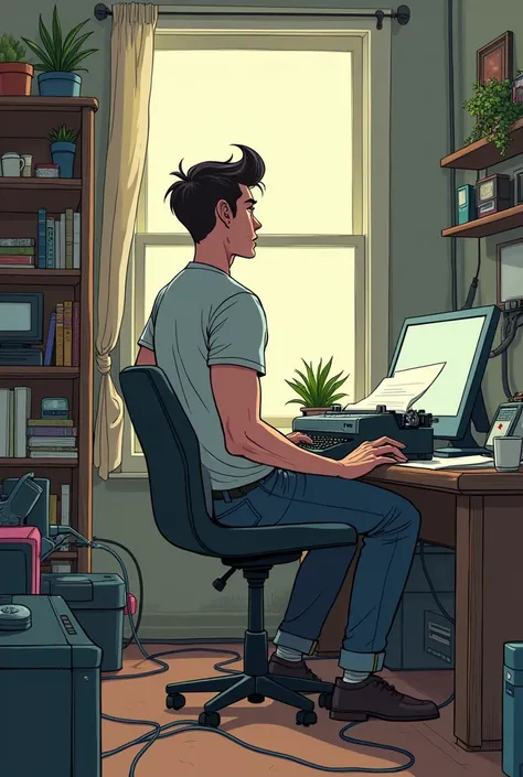 Rear view of the comic protagonist hitting a computer typewriter with an aspect ratio  [16:9], Back view of the protagonist working on a computer at home