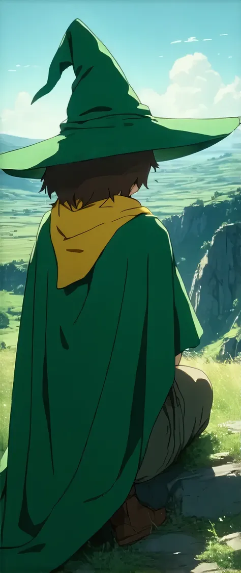 ( Masterpiece  :1.2,Superior Quality,Mirror finish, cinematic experience , Best Illustration ),8k,16k,wallpaper,(Lone traveler ),( snafkins),(green big pointed hat:1.3),(green poncho :1.3),(Green costume:1.3),( yellow scarf ),( rucksack),( sits down and lo...