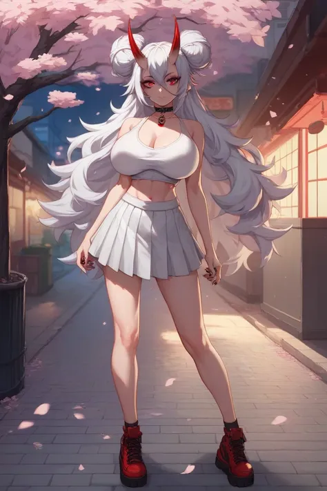 solo girl, alternative girl, emo girl, Japanese girl, oval face, big red eyes, very large messy double hair buns, long hair between eyes, skin colored oni horns, white hair, white crop top, huge breasts, slim and sexy body, long legs, white skirt, black an...