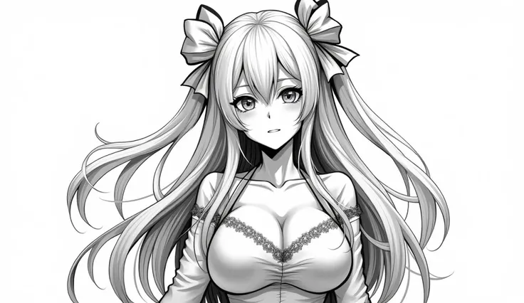 Image is a black and white manga-style illustration featuring a female character with long, flowing hair adorned with large bows. Her hair cascades down her shoulders and back, adding a sense of movement to the composition. she has big breasts, She has lar...