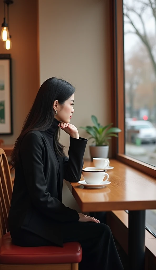 Winter in Kyoto 　Sit alone in a stylish open cafe and have coffee on the table　 Japanese woman with a viewing angle of　28 years old　Beauty　 F cup bust 　 perfect body line 　 black hair　Earrings　 is staring at me　  realistic human real human