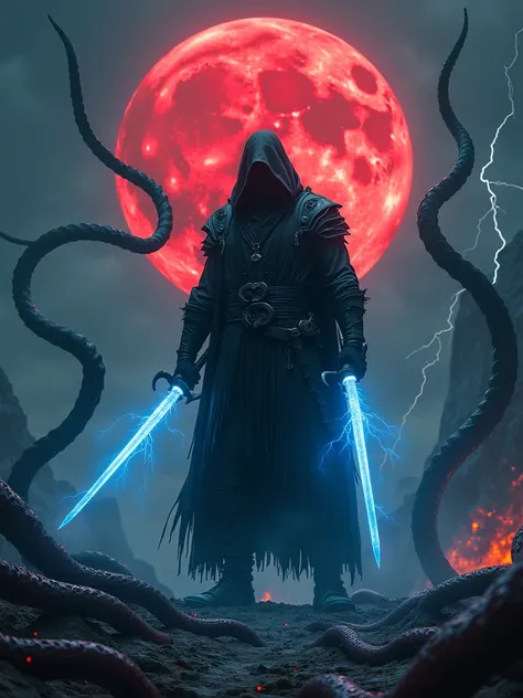 Scary male fighter in gothic combat costume ， Many huge black tentacles hold a huge red moon，There are 10 huge blue glowing swords on the ground ，The dark world of horror，Burning earth， Black lightning breaks down from the sky