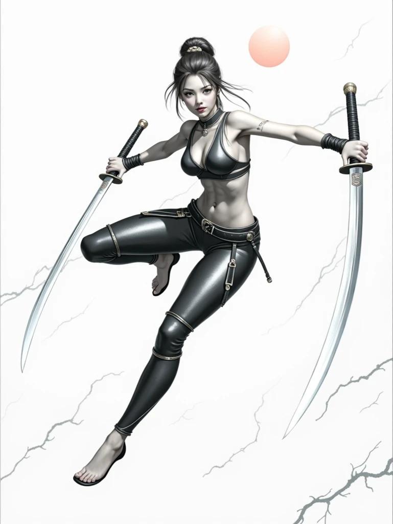 A beautiful European ninja girl performing a dynamic jump with one leg raised at the knee, preparing to strike with her sword. She holding two gleaming katana swords, one in each hand, with a natural, firm grip, her arms and hands are anatomically accurate...