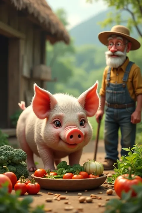 A pig eats vegetables and a farmer whose owner an old grandfather wears a hat, sticks,HD