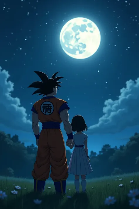 Goku and Milk looking at the moon 
