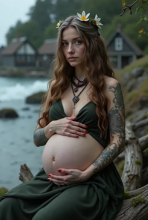 escandinavian woman, 38 years old woodwitch, brown hair with a few white hair along, honey yellow eyes, wearing medieval clothes, holding her pregnant belly, with a sad stare, closer look, sitting on a wood branch in a medieval norse beach village, medieva...