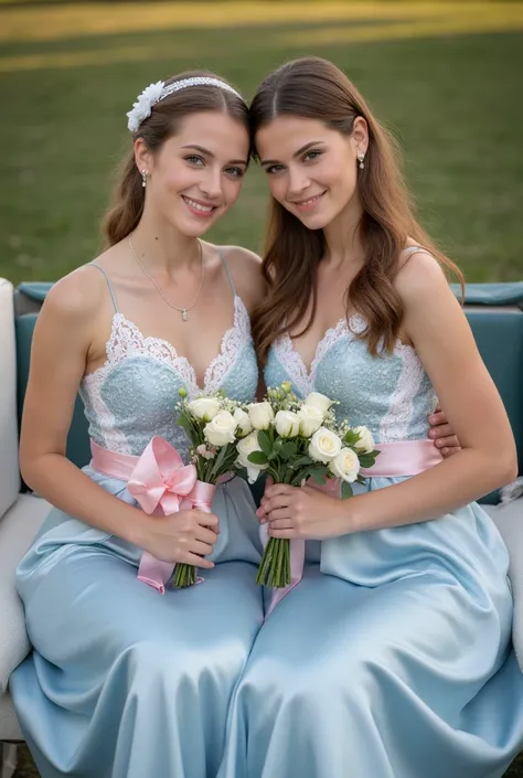 Realistic upper body portrait of two German flower girls aged 24 ,  long hair with ponytail , headband, Necklace, smile.  She poses for the camera in a shiny metallic light blue satin lace A-line dress with white lace and a pink satin Ribbonbelt..., Weddin...