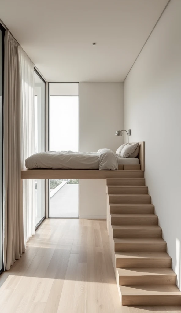 Mezzanine floor in a minimalist apartment. Above consists of a bed. with stairs on the edge of the wall.