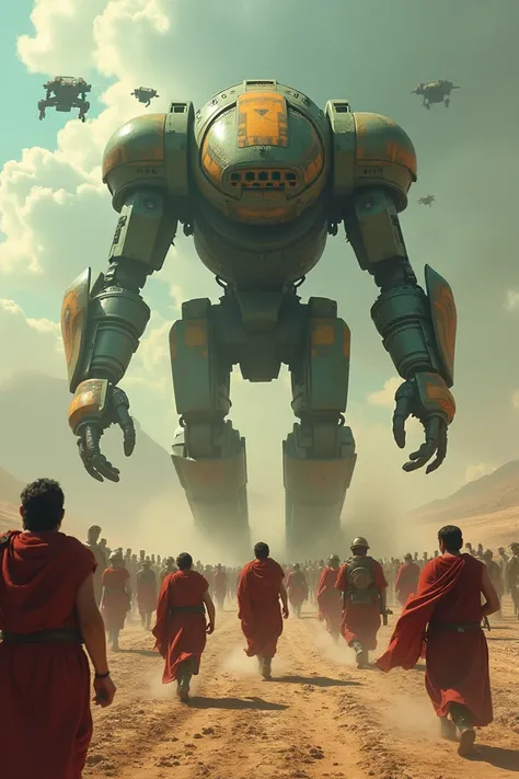 A high-precision image of machines invading the Earth, where the Romans run, run and flee from machines that are green and orange machines, where everyone is trapped in the earth, machines that are different robots, flying machines. 