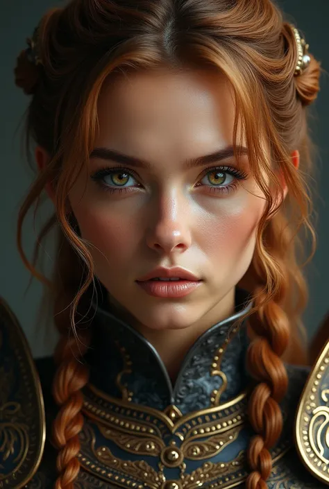 Ancient Siberian beauty ,  charming character , ,  clear face ,  caramel hair  , tiger eyes ,  beautiful eyes , ideal physique, proportional perfection ,  superdetail,  armor epic composition,  mysterious,  warm and friendly atmosphere,  hyperrealistic , S...