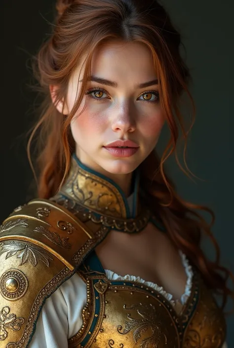 Ancient Siberian beauty ,  charming character , ,  clear face ,  caramel hair  , tiger eyes ,  beautiful eyes , ideal physique, proportional perfection ,  superdetail,  armor epic composition,  mysterious,  warm and friendly atmosphere,  hyperrealistic , S...