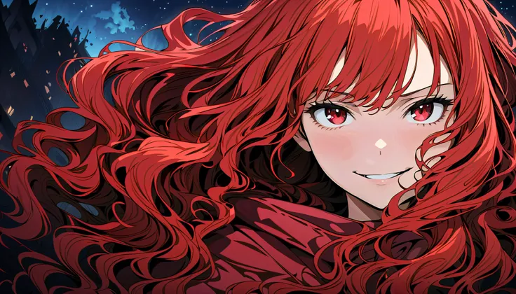 (masterpiece, Highest quality, Official Art:1.2), 
look at the sky, One Girl, alone,
(red long hair, wavy hair) and (red eyes),
wearing a hoodie, smirk, spooky, 
messy town, darksome Background, 
Ultra-fine illustrations, highly detailed, Dynamic Angle, be...