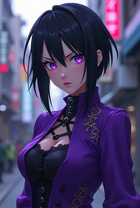 Screenshot of tokyo revengers. Do a black-haired girl in a tight hairstyle .You have light purple eyes and they shine a lot and youre serious. The Tokyo Revenges style She wears a purple queen dress like in Tokyo Revengers