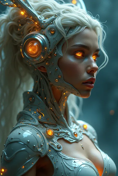 The goddess, Fortuna, glowing eyes, head to breast, silicone cybernetics. High Resolution, Masterpiece, Award Winning, Best Quality, High Details, High Quality, UHD, Optical Illusion, Impressionism, Art Deco, Cinematic, Cinematography, Futurism, Hyperreali...