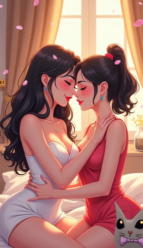 A anime style book cover with a humorous yet romantic tone. Two women are featured in a modern, luxurious bedroom, with one being an elegant Omega with red lips, a mischievous glint in her eye, and a teasing smile. The other woman, an awkward Alpha, is ner...