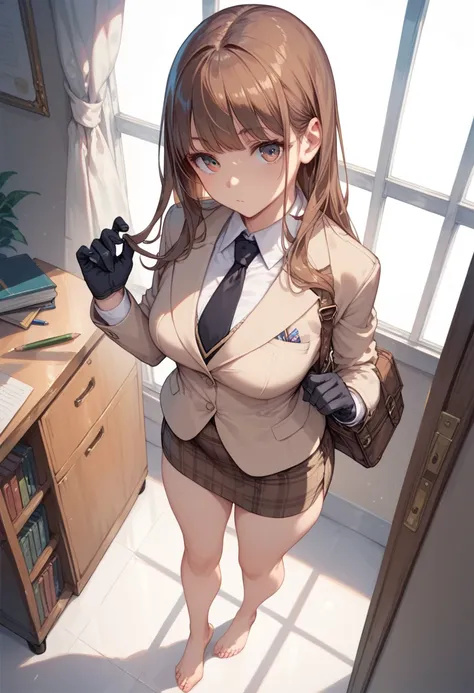 bangs, brown hair, beige blazer, brown plaid skirt, pencil skirt, black gloves, black tie, bare feet, long hair, inner room, school uniform, thighs , standing posture , view from above