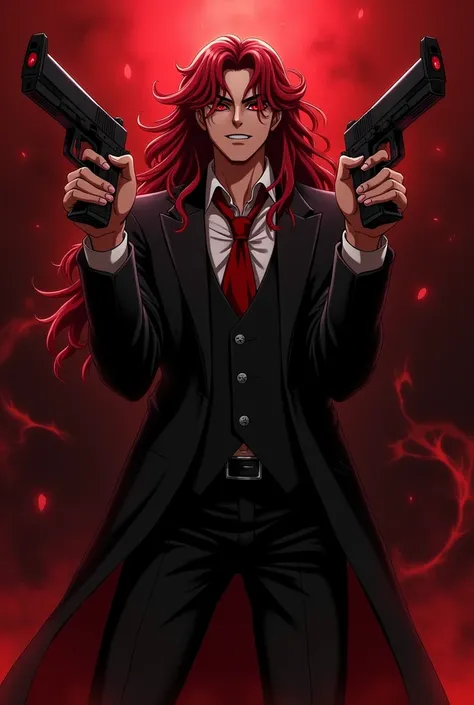 Anime,  anime draw style , detailed , two guns , alucard hellsing , anime hellsing , darkness , long hair , drawing , red , bloody red , curly hair , more datails , gentleman suit , wild 