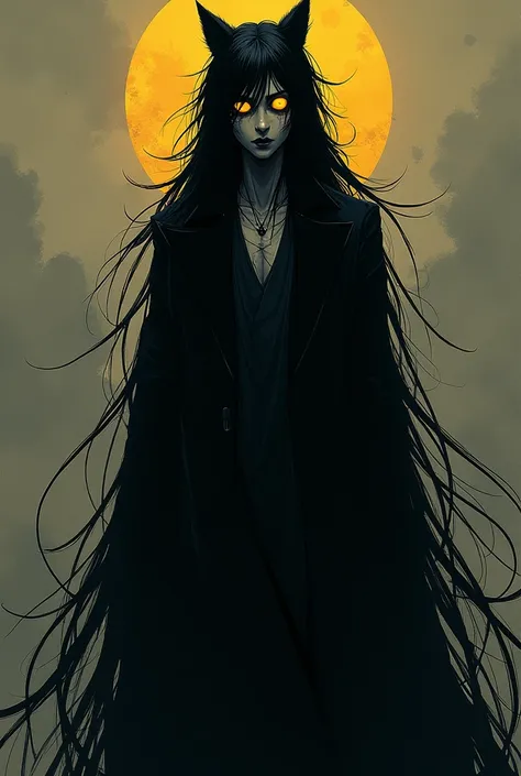  Create an image of a Manhwaa-style character inspired by Mr .crowling de homicipher ,  a man with long black hair that covers half his face full of scars and baggage, long arms and legs ,  tall and with yellow cat eyes 