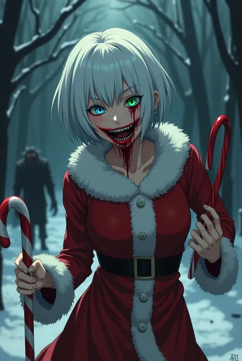  anime style, adult woman short white hair,  with a blue right eye and a green left eye, disguised as Santa Claus ,  with the one slightly stained with blood and a large candy cane in one of her hands as if it were a sword with a sharp tip, and the girls e...