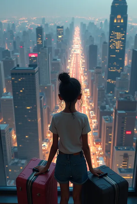 A realistic image of a girl with her hair tied up and dark skin looking at the amazed city with some suitcases 