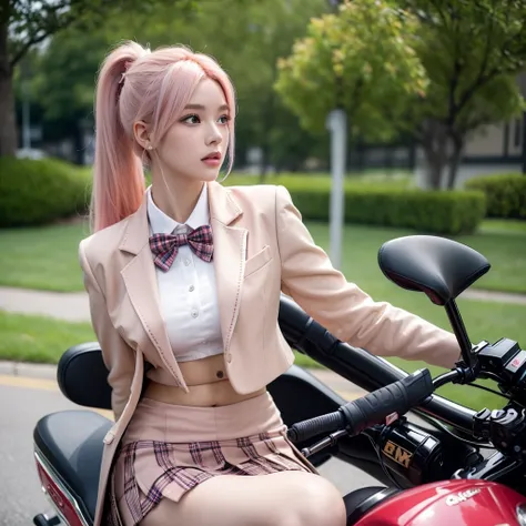 1 ,gal,(golden,pink hair,two-tone hair), long hair, side ponytail ,therefore bow,  school uniform,blazer,(Plaid skirt),(blazer,red,therefore), Sit confidently on a cool motorcycle, resolution 8k,   masterpiece ,  highest quality , Award-winning works,sensu...