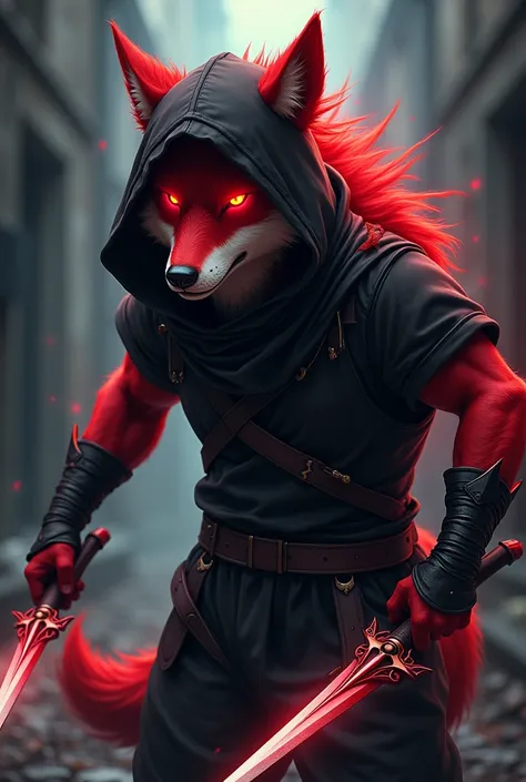 Anime: red wolf wearing black hooded ninja suit, and wields short trident/daggers