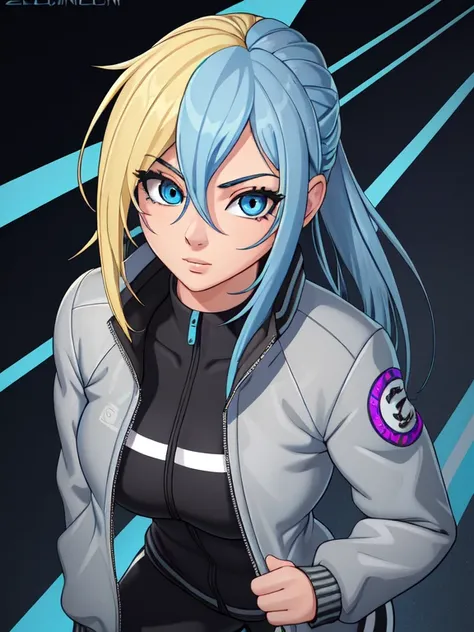 (masterpiece, 4k, high quality, super detailed eyes and face:1.2), 1girl, solo, Gen-Z, Zoomer, 25-year-old, female, blue eyes, and blonde hair with blue hair streaks in it. She is wearing a gray jacket, Lululemon-branded black leggings.
