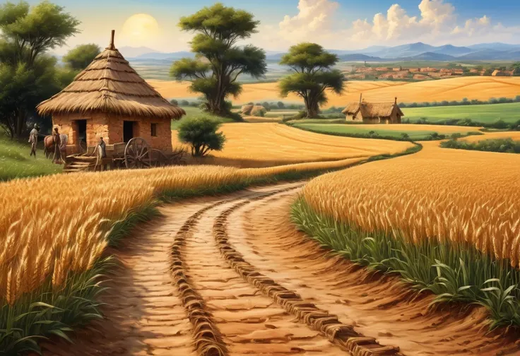 background image, masterpiece, best quality, high quality, extremely detailed, on a path with the vast barley fields of ancient laconia nearby, with helots farming and tending to the fields, the dirt path printed with wagon wheel tracks and horse shoe prin...