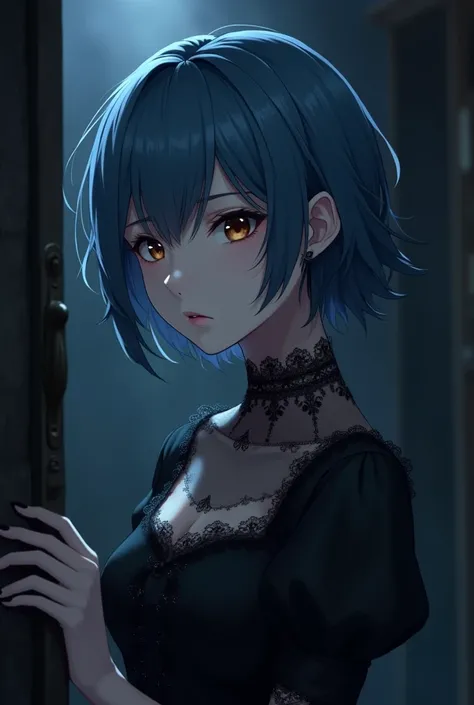 Anime girl adult short blue hair Brown eyed goth