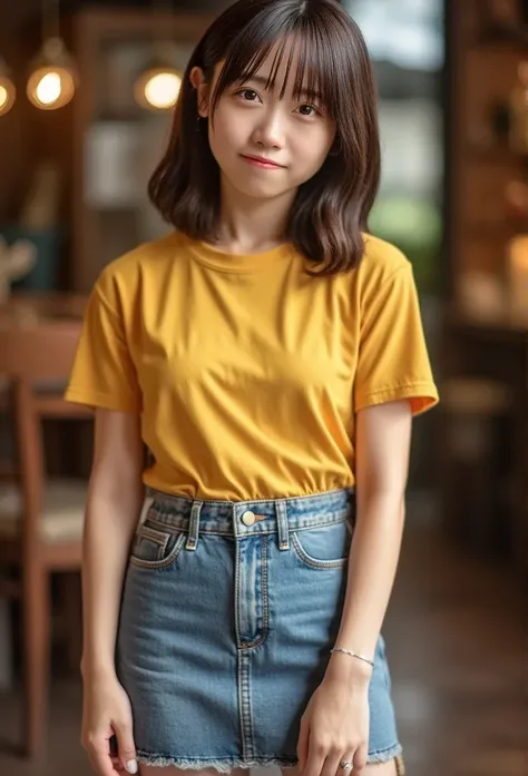 ((1 Female)),  ((( black hair short hair))), top-quality、​masterpiece、 high definition 、 original、High definition wallpaper 、 denim skirt、  (smile)、 small face、(( rich breasts))、(Yellow T-shirt)、( Light on Face )、Live-action style,  beautiful face,  dark r...