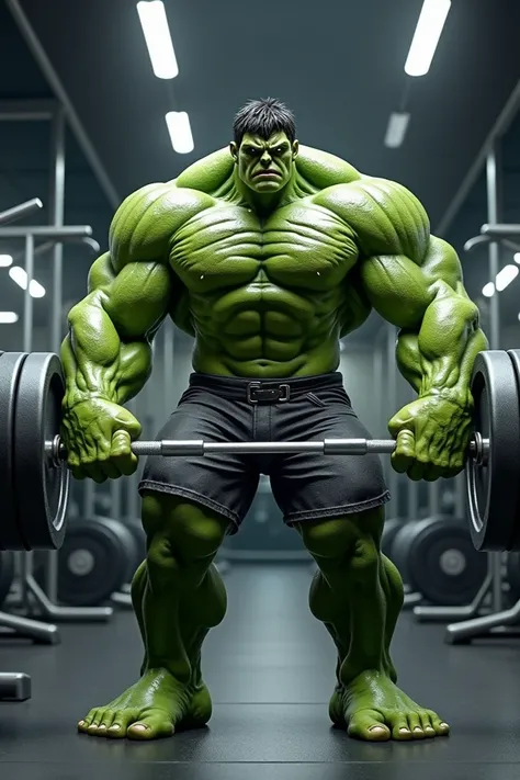 Create a scene where the green Hulk is lifting a barbell in the gym, with a gym room visible in the background.

