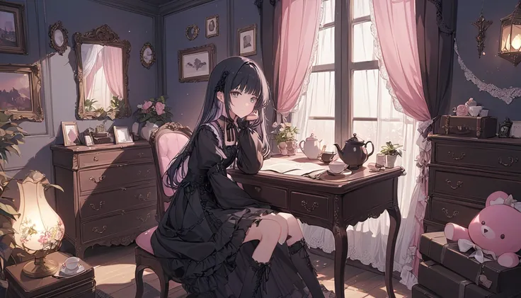 "A  anime-style illustration of a Jirai-kei ( Earth system) girl with long black hair, wearing gothic-style clothing in pastel and dark tones, sitting in a cozy room. She has a melancholic but cute expression, surrounded by plush toys and accessories like ...