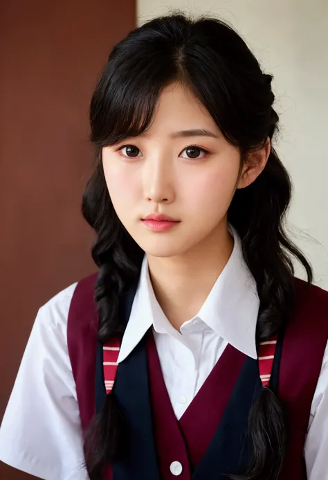 Korean teenager between 16 and 17 ,  with black hair , long and wavy,  with some short babyhair ,  big black eyes , almond face ,  white complexion ,  delicate features ,  slightly reddish cheeks and lips,  profiled and small nose , long and thick eyelashe...