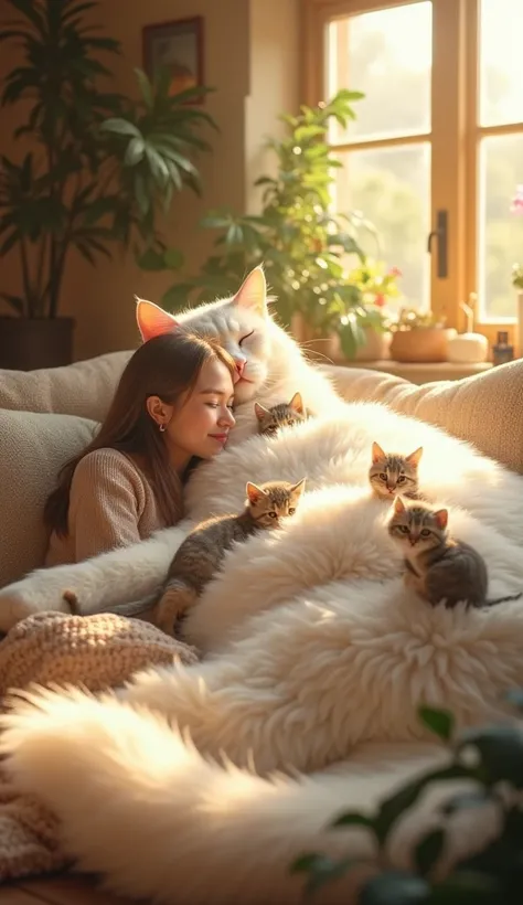 A enchanting, heartwarming scene unfolds in a cozy, warmly lit room. Golden sunlight streams through large windows, casting a soft glow on a woman sitting comfortably, surrounded by tranquility. Shes nestled against an enormous, majestic white cat, its mas...